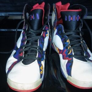 Jordan Sneakers with Red, Purple, and White Accents